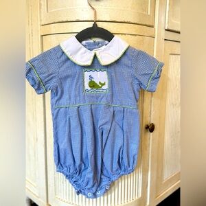 Shrimp and Grits Kids smocked bubble. Size 9 month